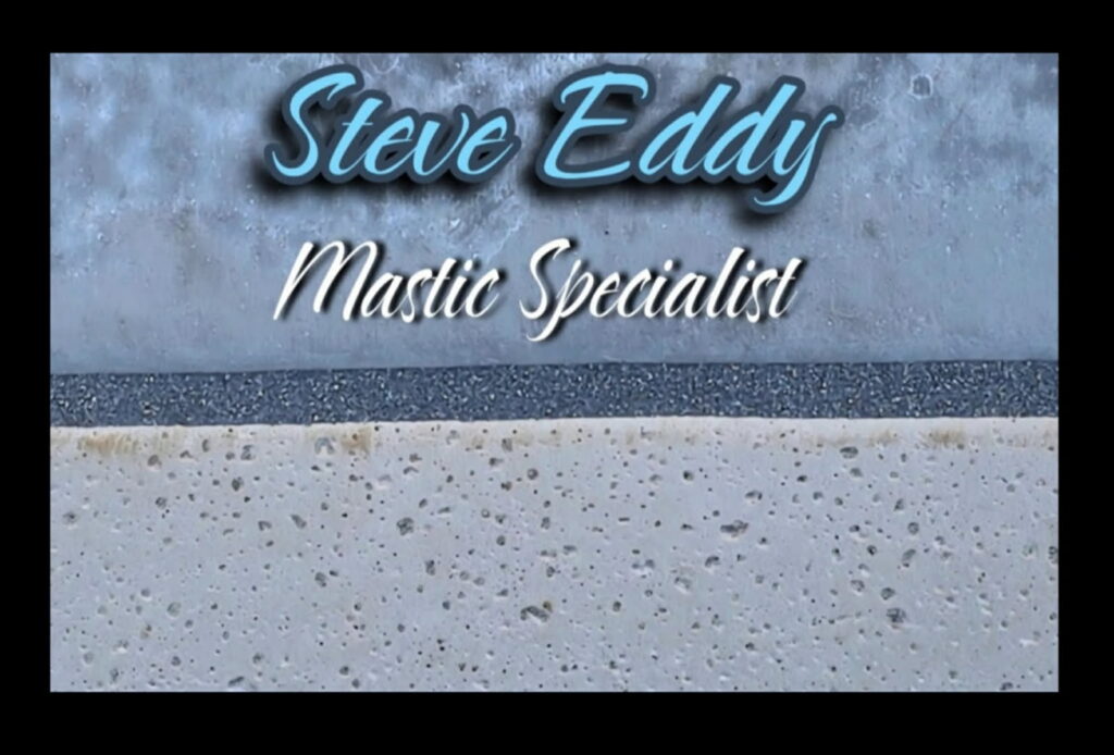 Banner with a blue textured background displaying 'Steve Eddy Mastic Specialist' over an image of a clean pool deck joint.
