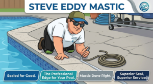 Official Steve Eddy Mastic logo featuring a cartoon of Steve applying pool mastic with the slogan 'Sealed for Good.'