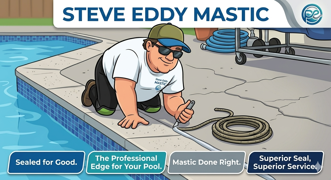 Illustration of Steve Eddy applying pool mastic to a swimming pool expansion joint in Menifee, California.