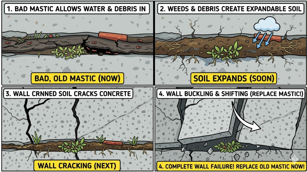 Four-panel diagram showing the stages of pool deck failure: bad mastic allowing water in, soil expansion from weeds, concrete cracking, and final wall buckling.