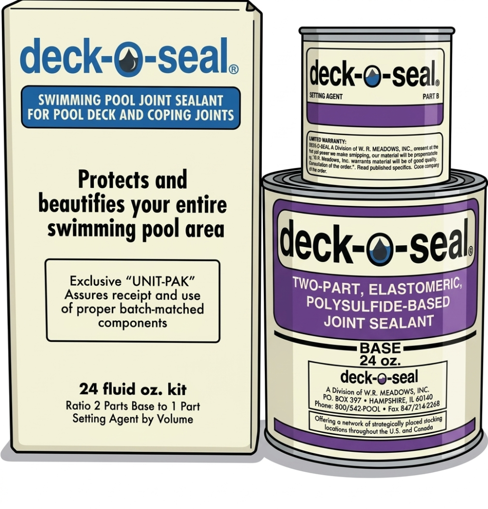 Illustration of Deck-O-Seal swimming pool joint sealant packaging and two-part polysulfide-based sealant cans