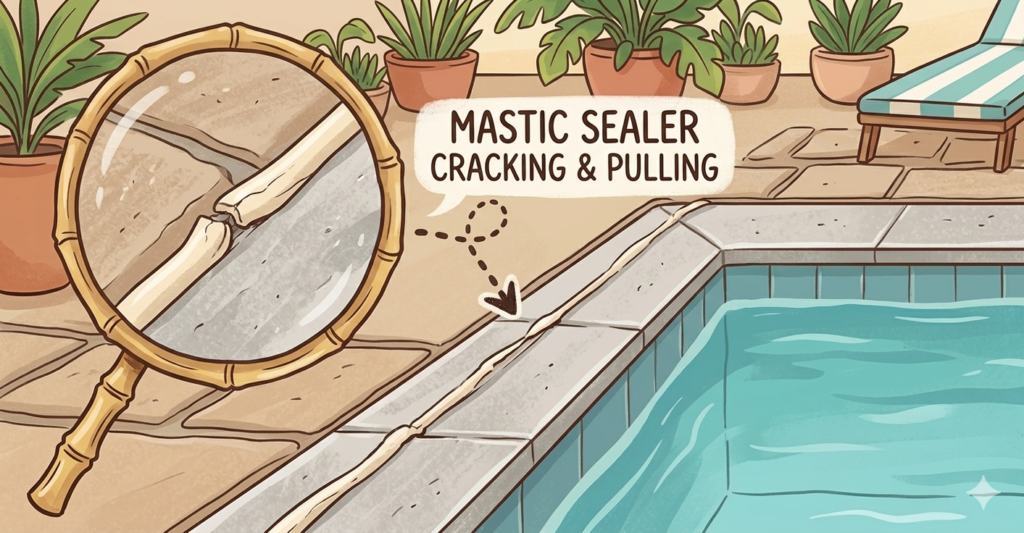 An illustration showing a magnifying glass focused on cracked and pulling pool mastic sealer on a concrete pool deck.