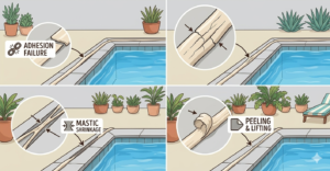 Four diagrams showing common pool mastic failures: adhesion failure, cracking, mastic shrinkage, and peeling or lifting.