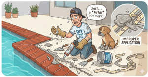 Cartoon of a messy DIY pool mastic repair showing a person struggling with caulk and an improper seal application.