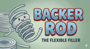 Cartoon advertisement for backer rod, featuring a friendly spiral rod character with large blue text 'BACKER ROD' and the subtitle 'The Flexible Filler' on a green background.