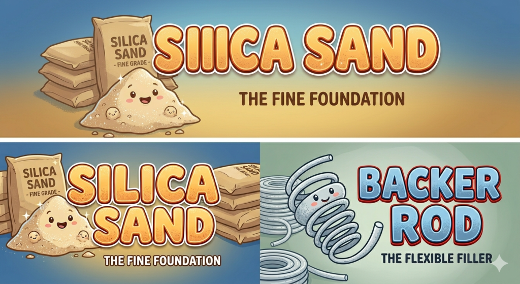 A collage featuring cartoon characters for Silica Sand 'The Fine Foundation' and Backer Rod 'The Flexible Filler'.