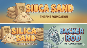 A collage featuring cartoon characters for Silica Sand 'The Fine Foundation' and Backer Rod 'The Flexible Filler'.