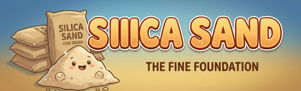 Cartoon logo for Silica Sand featuring a smiling sand pile beside bags labeled 'Silica Sand - Fine Grade' and the slogan 'The Fine Foundation'..