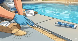 Hand in a blue glove applying DECO SEAL pool mastic along a crack on the pool deck beside a swimming pool.
