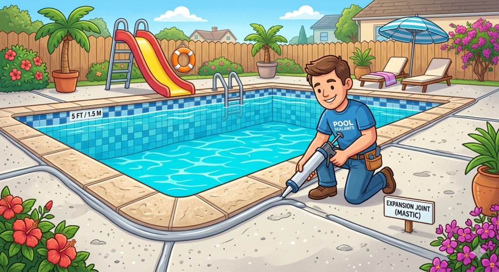 Cartoon illustration of a professional contractor applying sealant to a pool expansion joint on a sunny backyard patio.