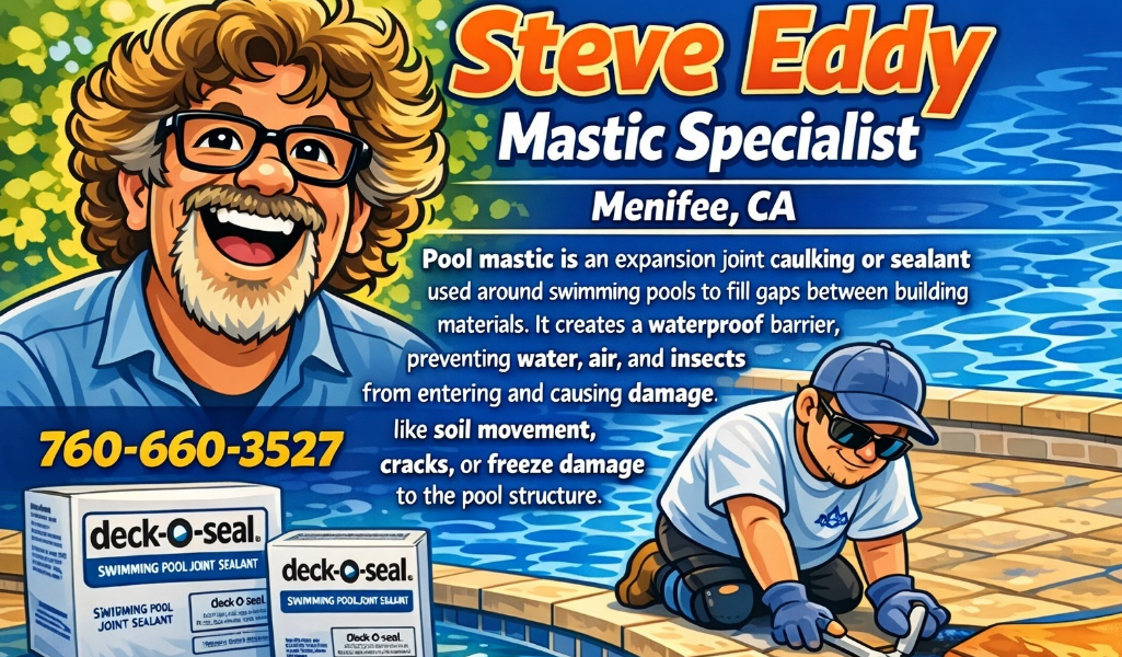 Colorful ad for Steve Eddy, Mastic Specialist in Menifee, CA, featuring a smiling man with glasses, a worker sealing a pool deck, deck-o-seal boxes, and the contact number 760-660-3527.
